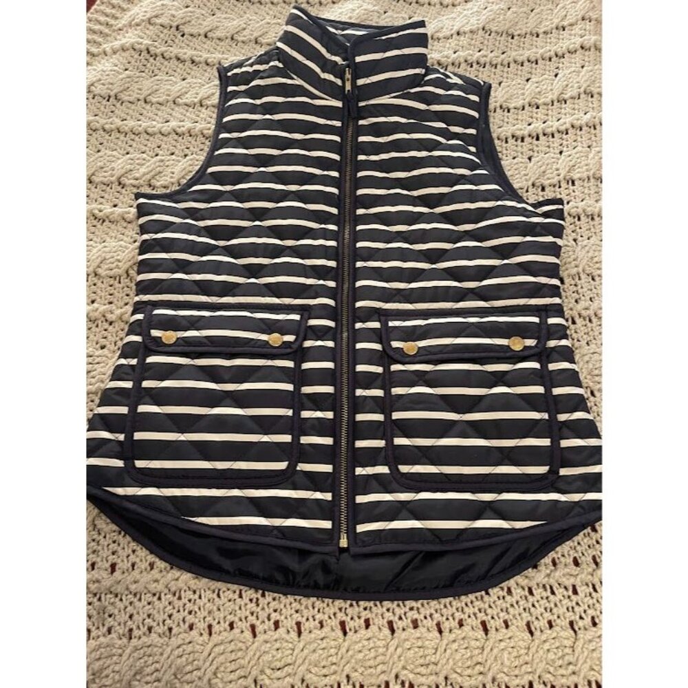 Womens British Khaki Quilted Vest Navy & White Stripes S Sleeveless Zipper Front